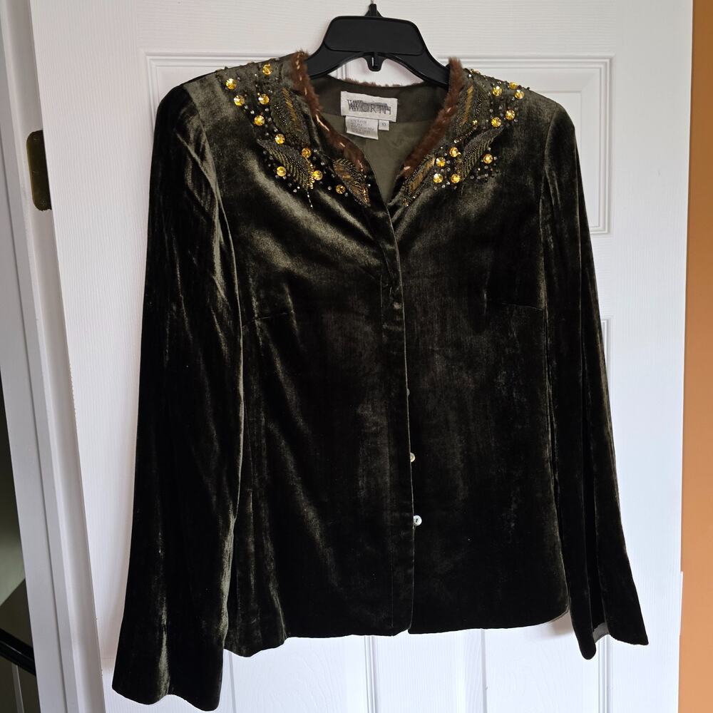 Vintage Worth Mink Trim Brown Velvet-feel Women's size 10 Jacket gold embroidery